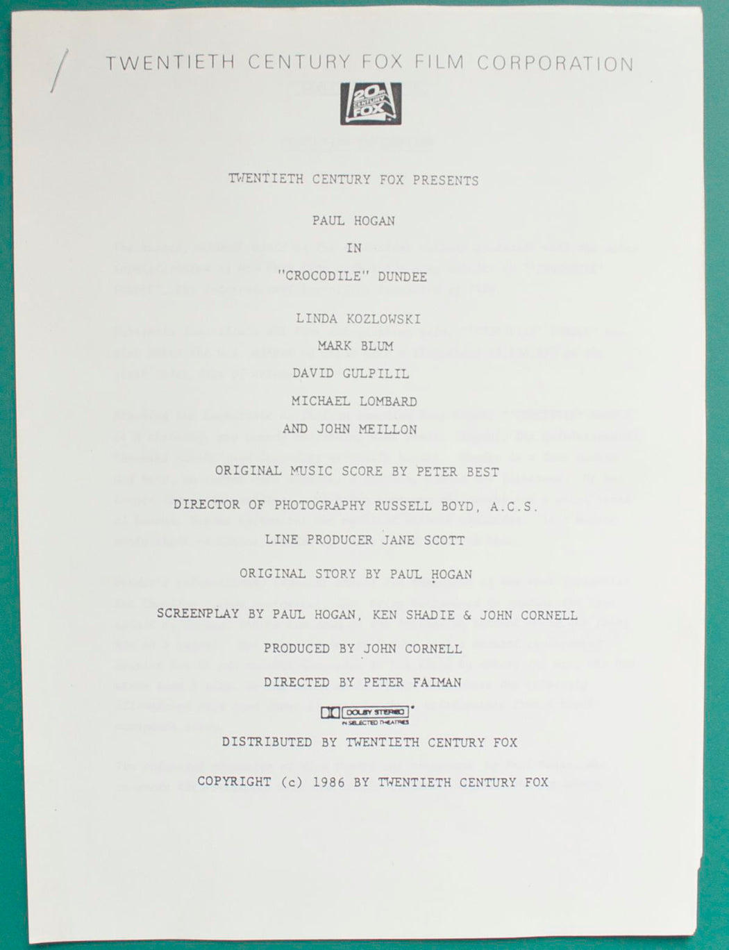 Crocodile Dundee - production info