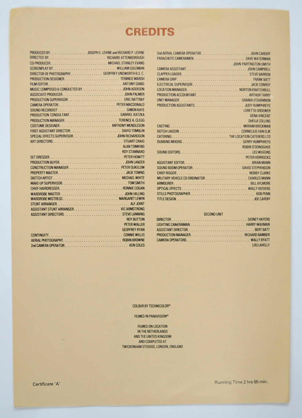 A BRIDGE TOO FAR Cinema Exhibitors Press Synopsis Credits Booklet - BACK