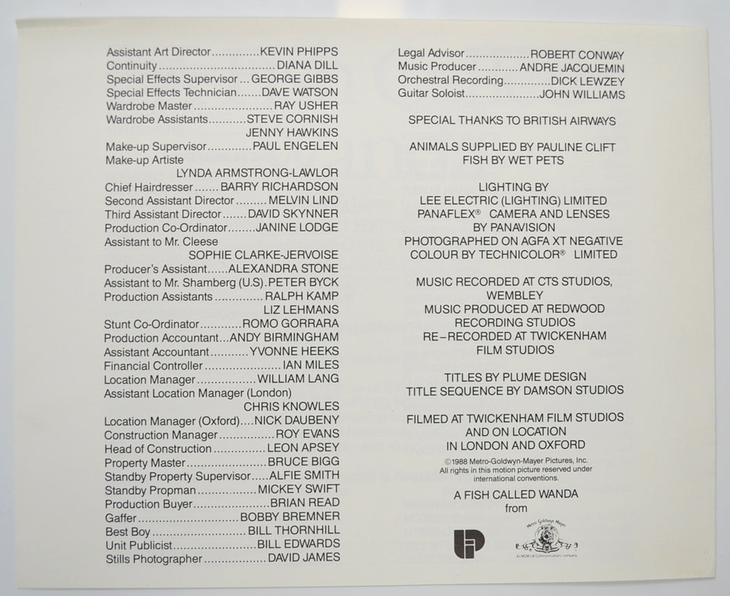 A FISH CALLED WANDA Cinema Exhibitors Press Synopsis Credits Booklet - BACK