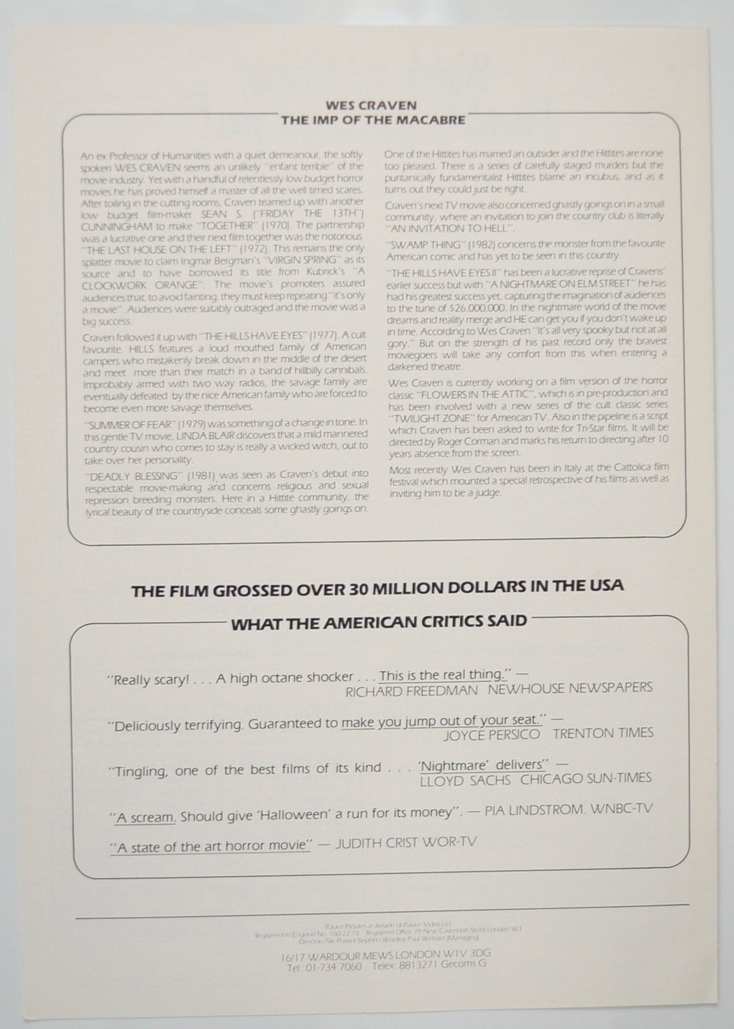 A NIGHTMARE ON ELM STREET Cinema Exhibitors Press Synopsis Credits Booklet - BACK