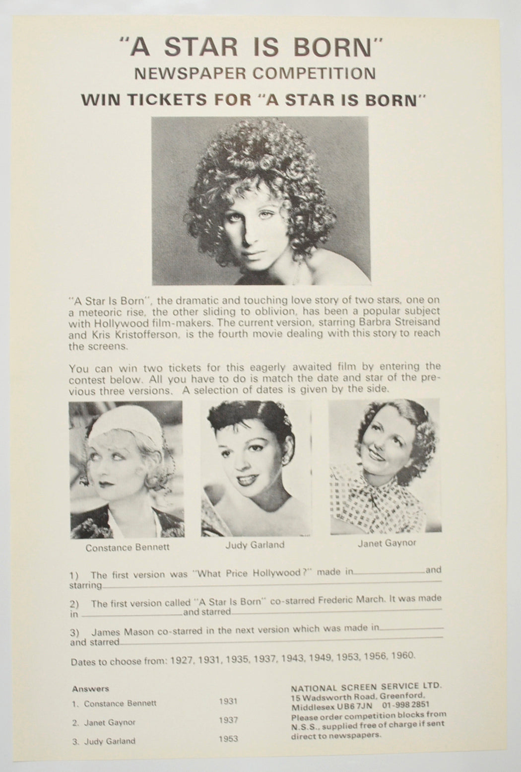 A STAR IS BORN Cinema Exhibitors Campaign Pressbook - SYNOPSIS