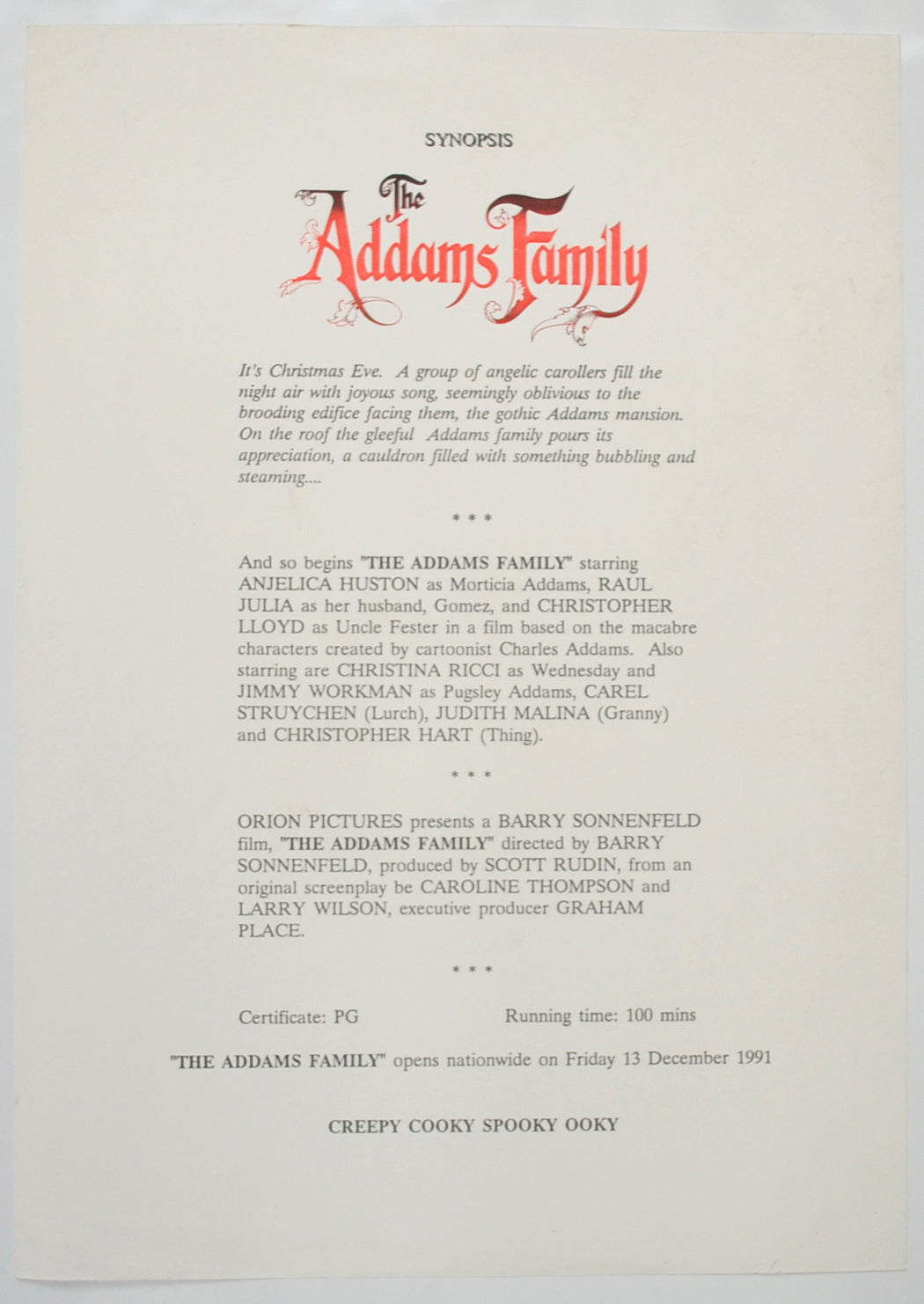 THE ADDAMS FAMILY Cinema Exhibitors Campaign Pressbook - SYNOPSIS