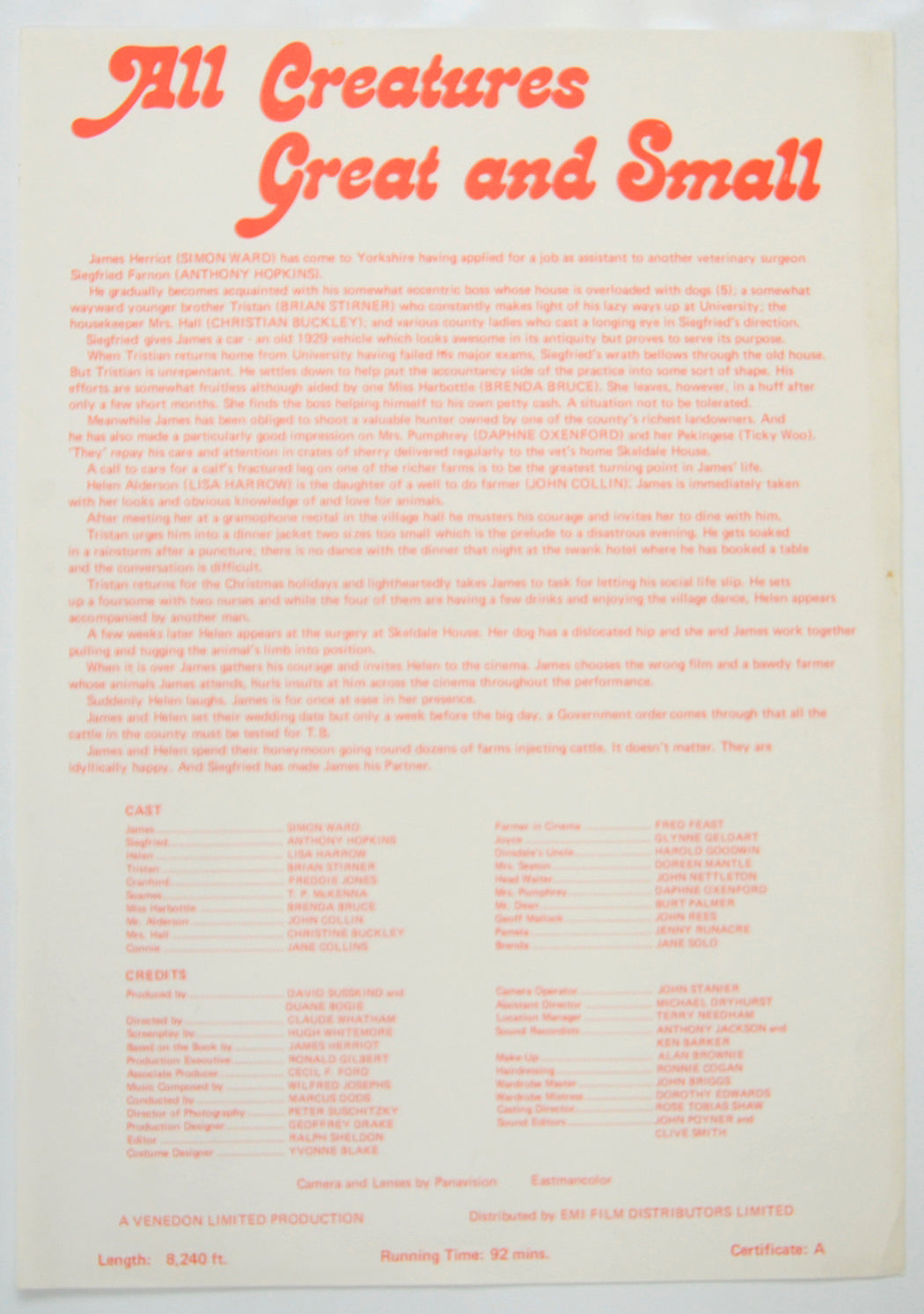 ALL CREATURES GREAT AND SMALL Cinema Exhibitors Campaign Pressbook - SYNOPSIS