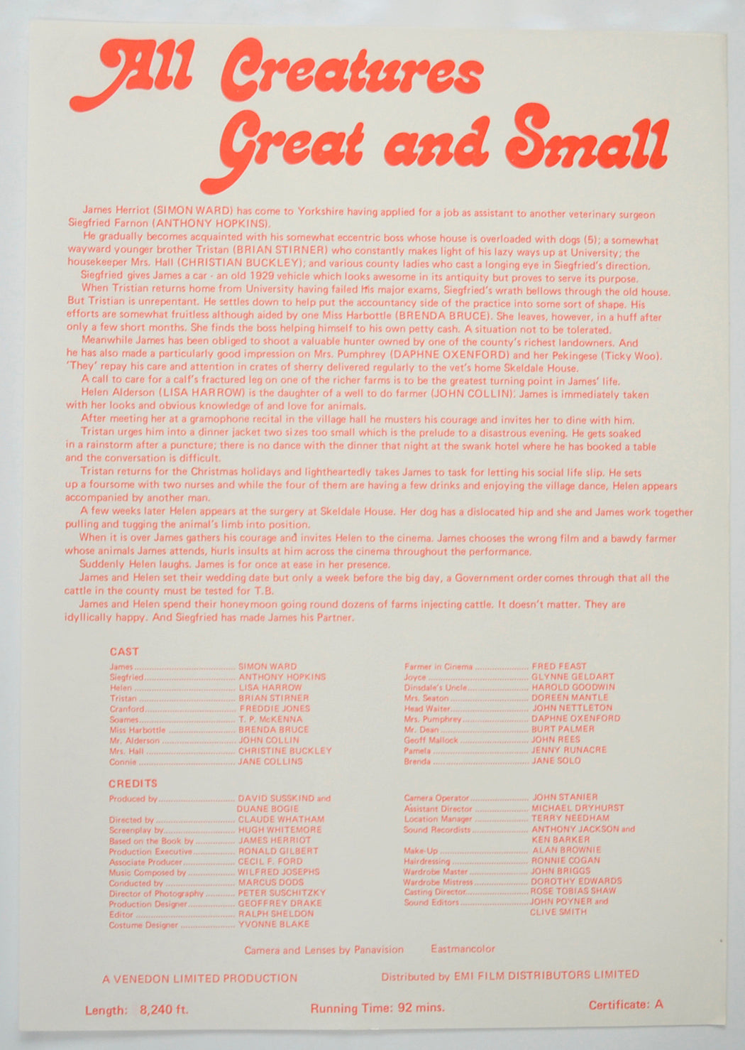 ALL CREATURES GREAT AND SMALL Cinema Exhibitors Campaign Pressbook - SYNOPSIS