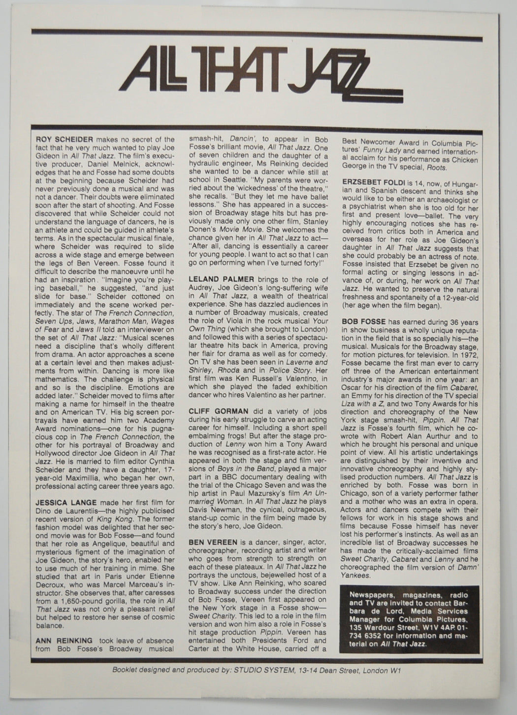 ALL THAT JAZZ Cinema Exhibitors Press Synopsis Credits Booklet - BACK