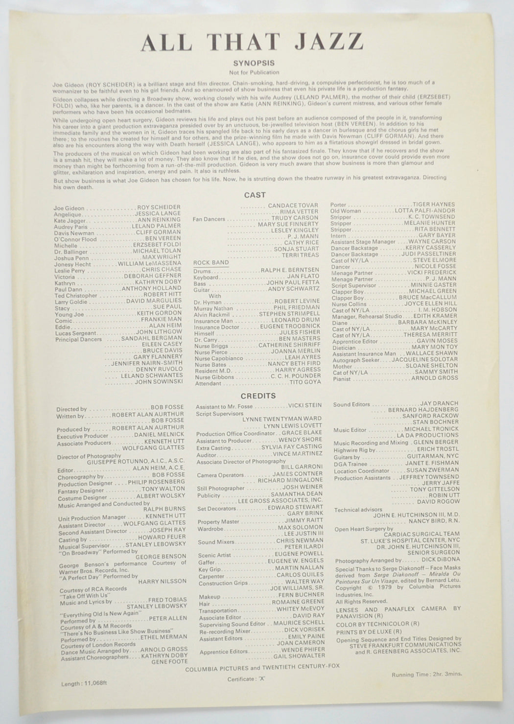 ALL THAT JAZZ Cinema Exhibitors Campaign Pressbook - SYNOPSIS