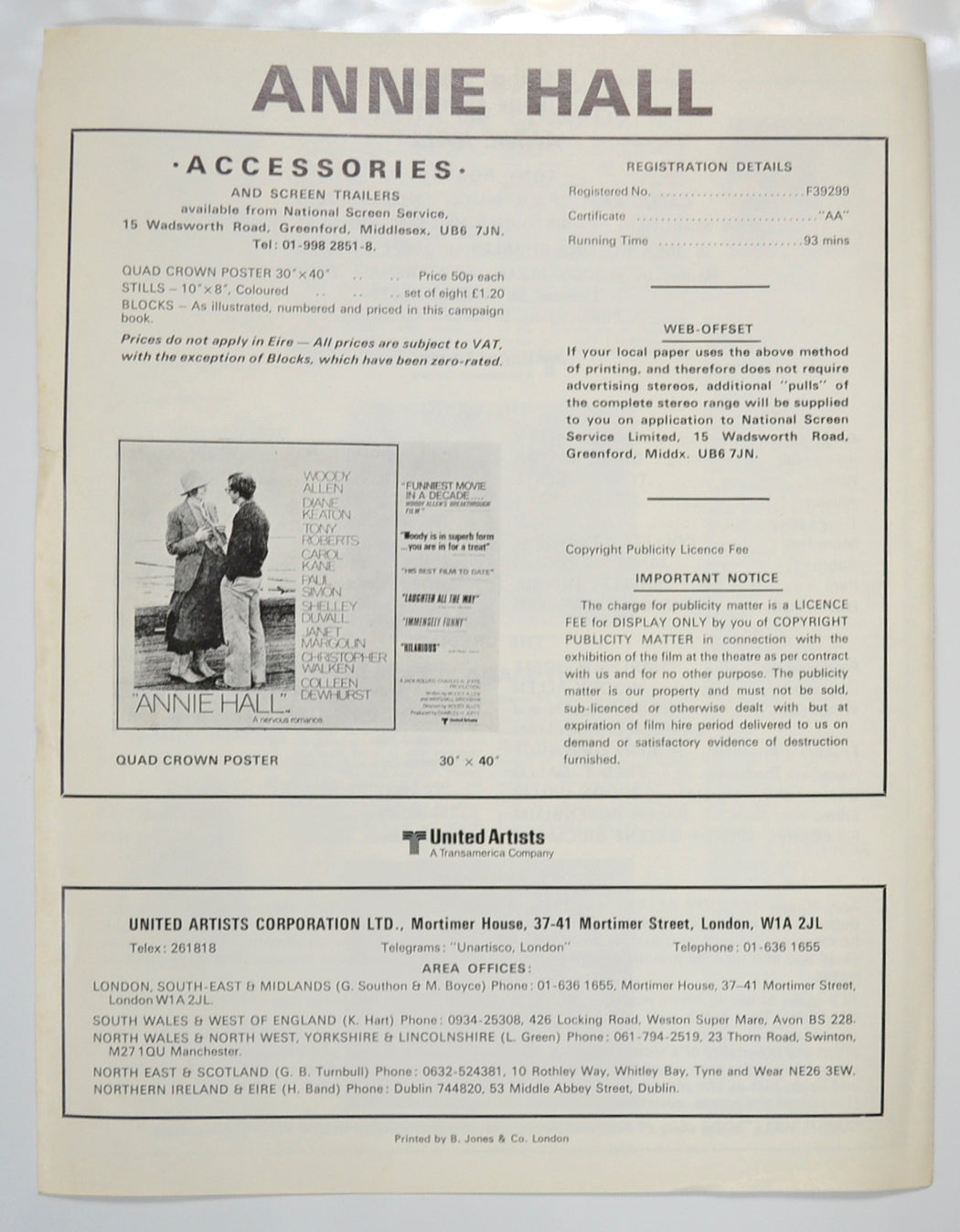 ANNIE HALL Cinema Exhibitors Campaign Pressbook - BACK