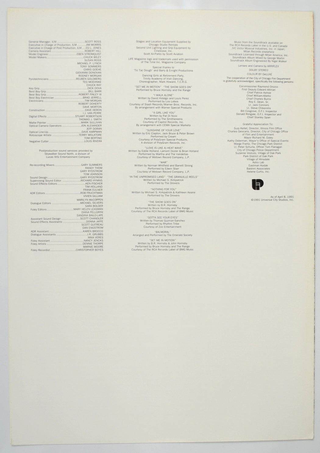 BACKDRAFT Cinema Exhibitors Press Synopsis Credits Booklet - BACK