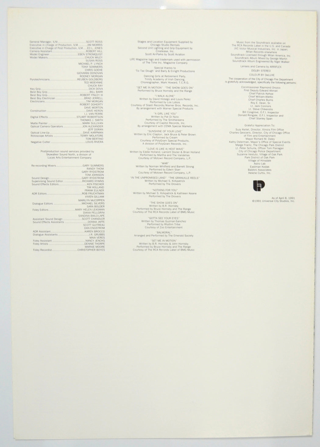 BACKDRAFT Cinema Exhibitors Press Synopsis Credits Booklet - BACK