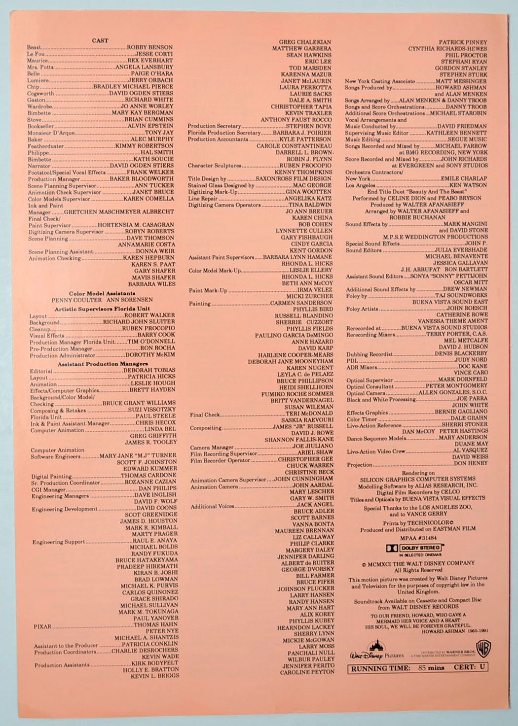 BEAUTY AND THE BEAST Cinema Exhibitors Synopsis Credits Booklet - BACK