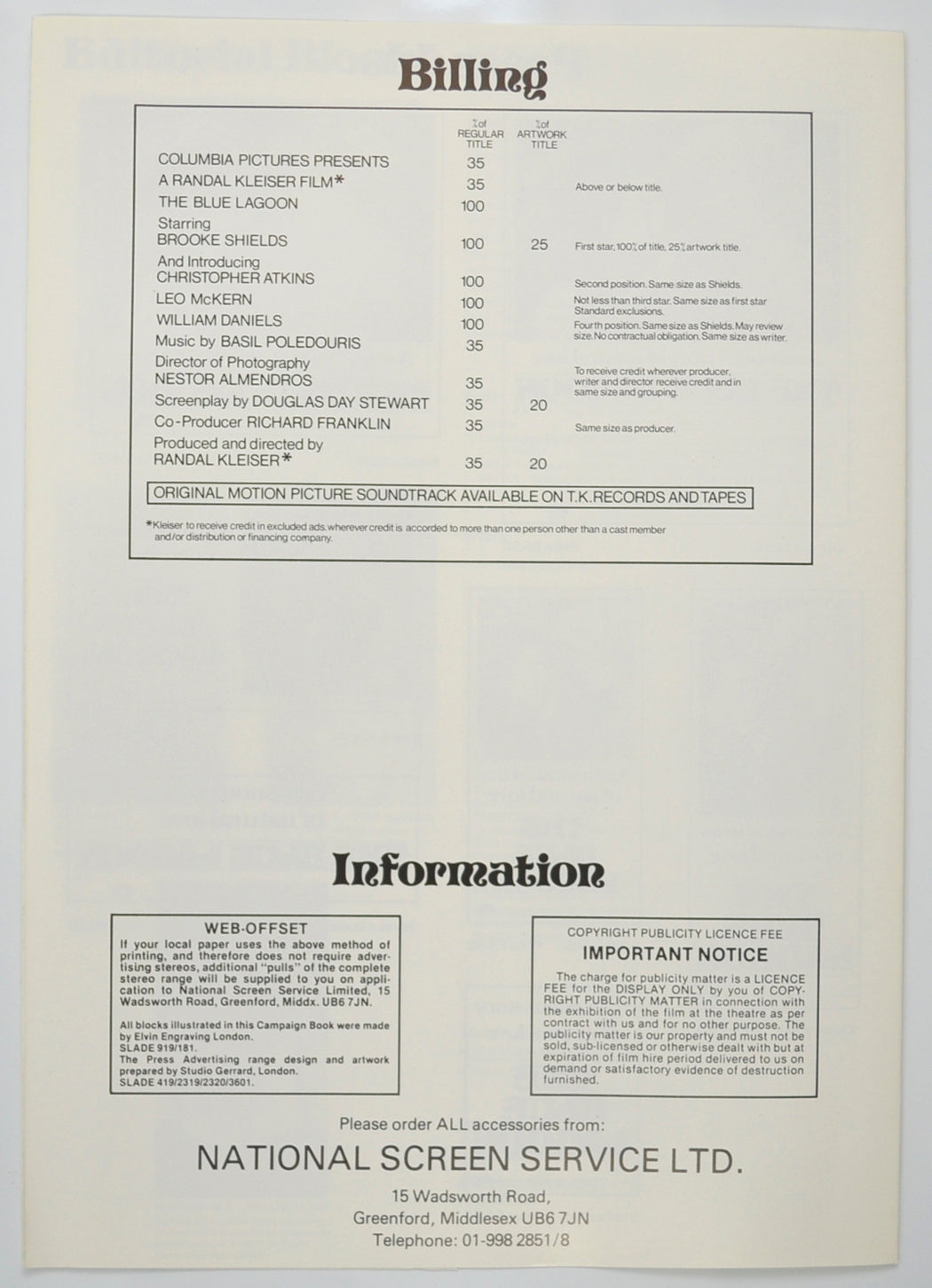 THE BLUE LAGOON Cinema Exhibitors Campaign Pressbook - BACK