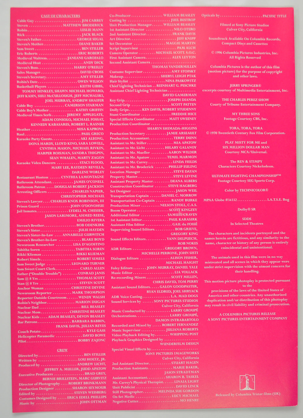 THE CABLE GUY Cinema Exhibitors Press Synopsis Credits Booklet - BACK