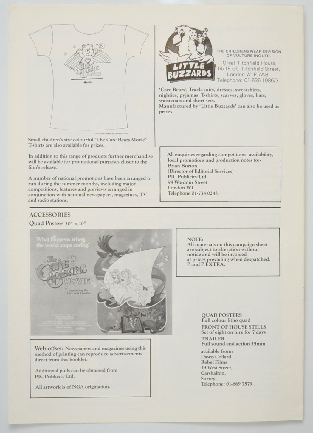 THE CARE BEARS MOVIE Cinema Exhibitors Campaign Pressbook - BACK