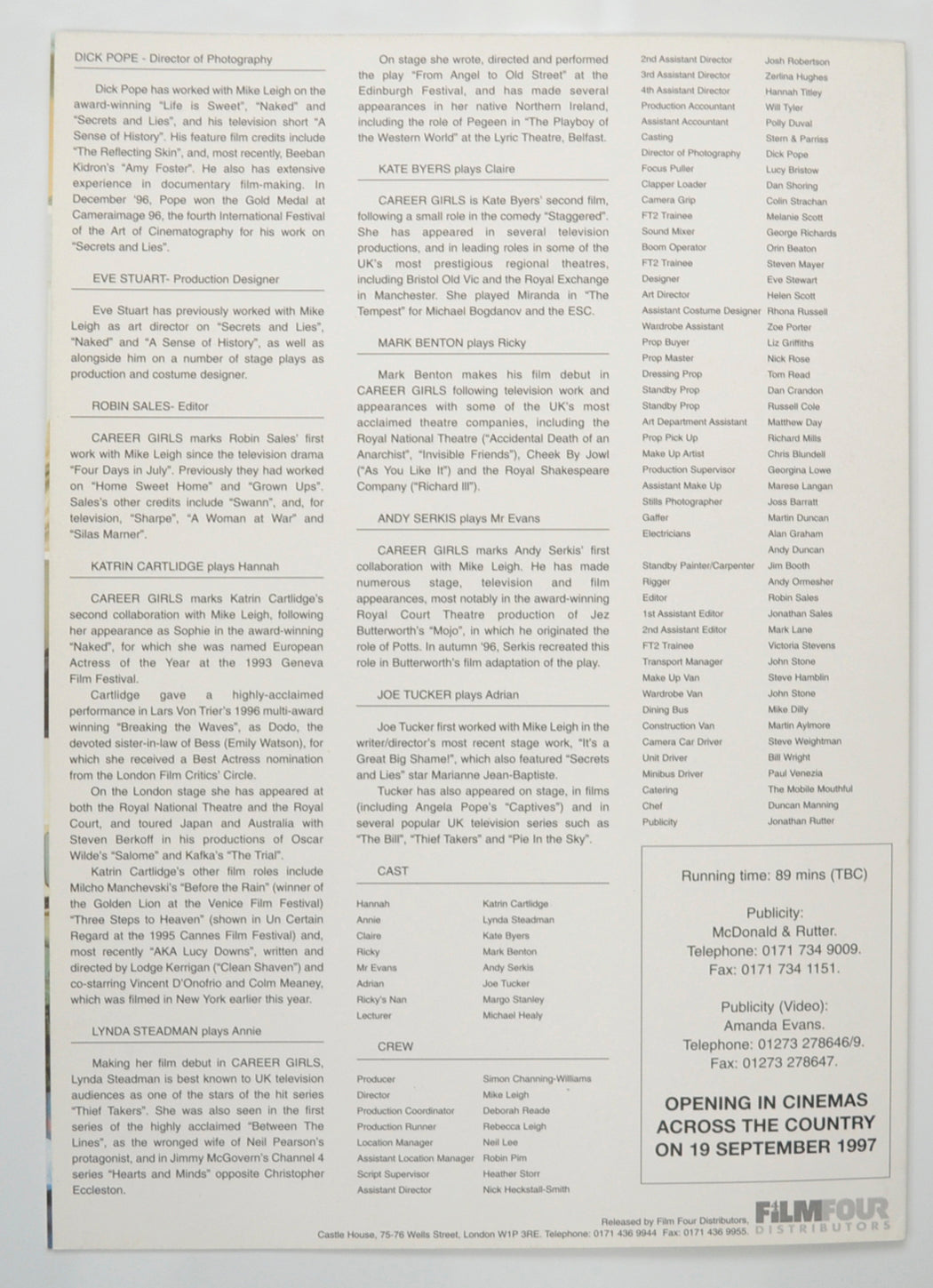 CAREER GIRLS Cinema Exhibitors Press Synopsis Credits Booklet - BACK