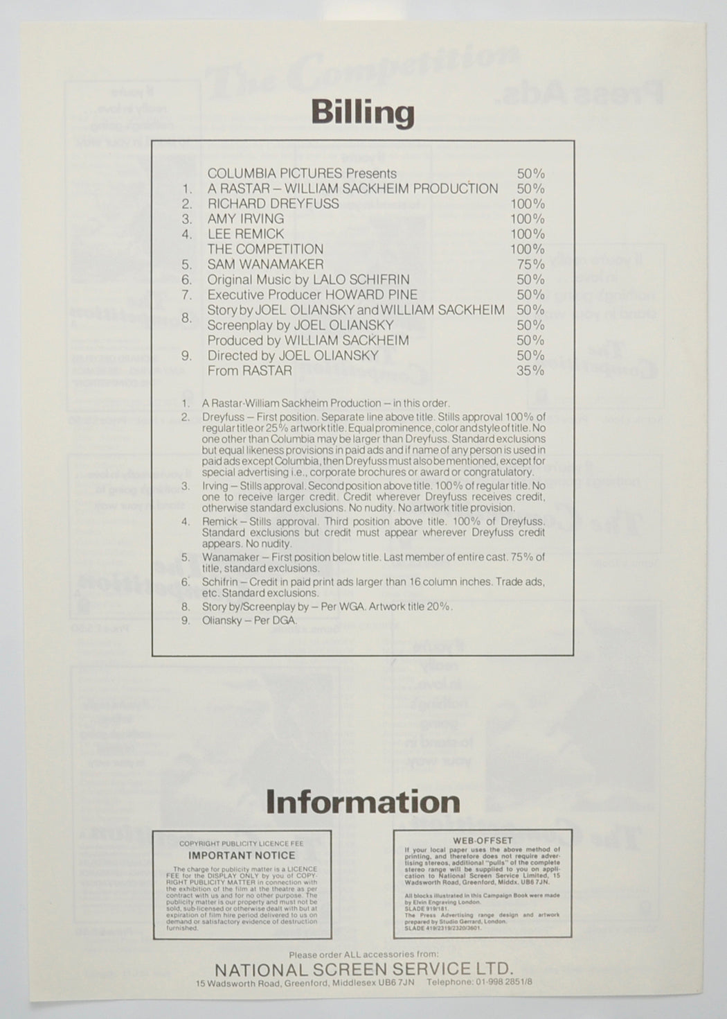 THE COMPETITION Cinema Exhibitors Campaign Pressbook - BACK