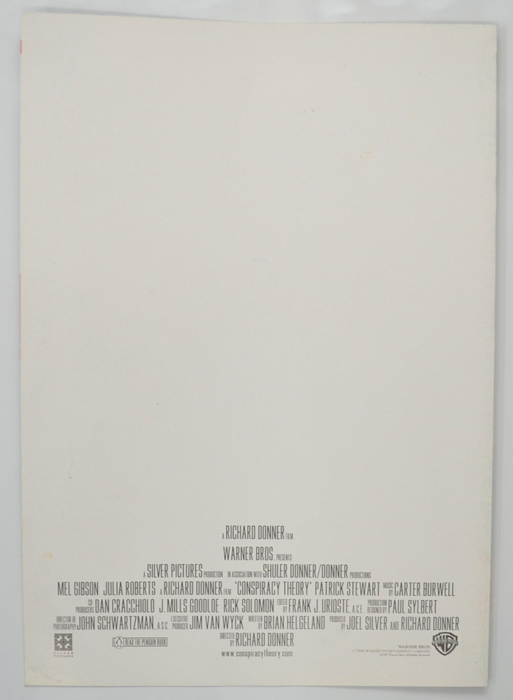 CONSPIRACY THEORY Cinema Exhibitors Press Synopsis Credits Booklet - BACK