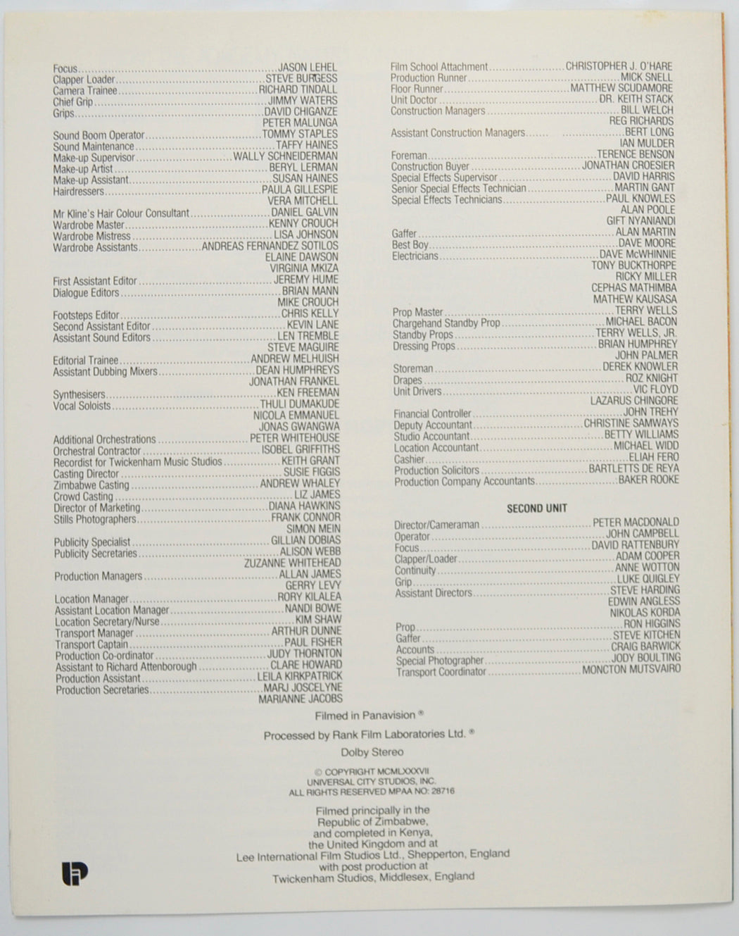 CRY FREEDOM Cinema Exhibitors Press Synopsis Credits Booklet - BACK