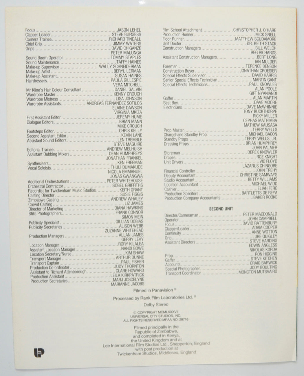 CRY FREEDOM Cinema Exhibitors Press Synopsis Credits Booklet - BACK