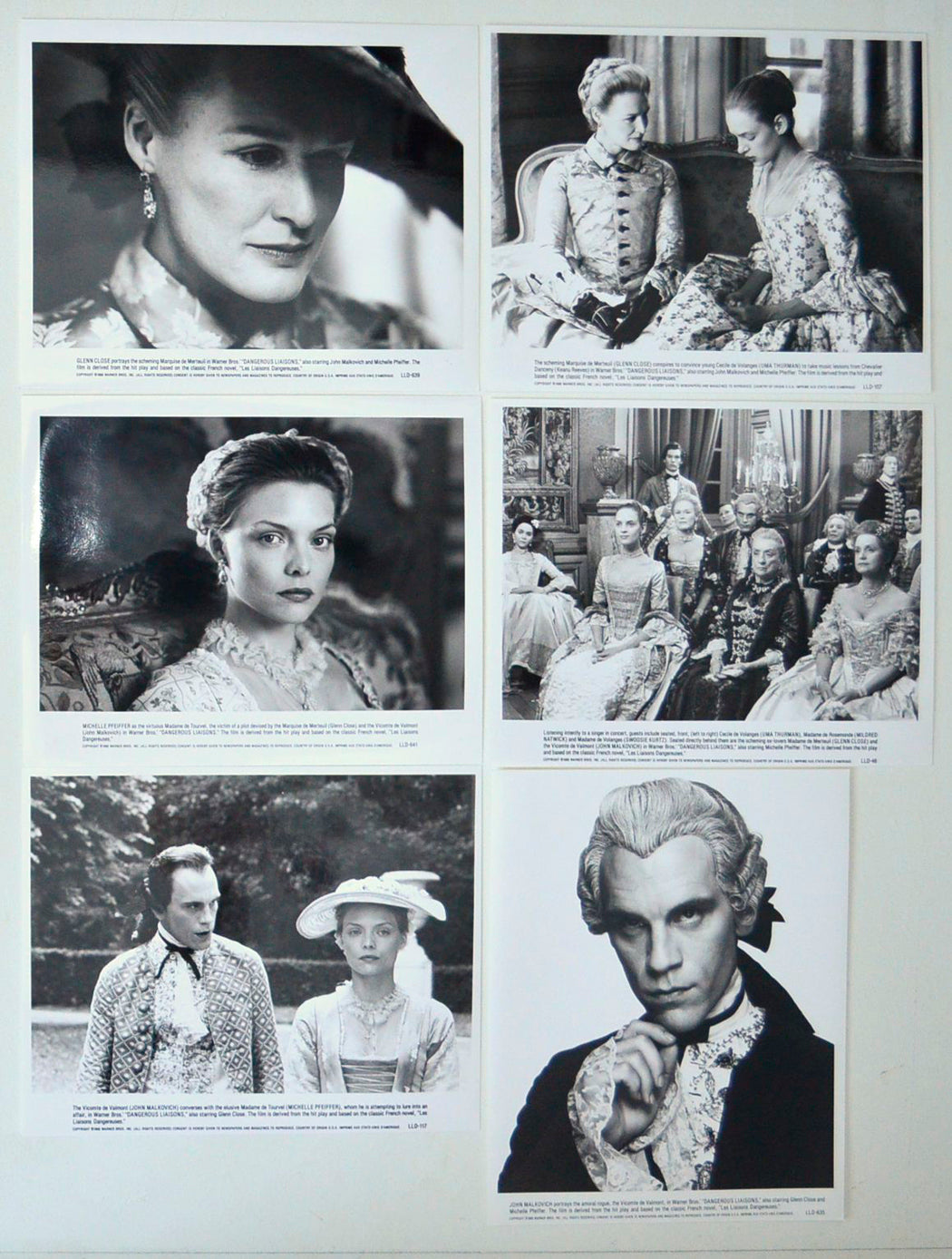 Dangerous Liaisons 6 Original Cinema Front Of House (FOH) Black And White Stills – Press Stills – Movie Stills