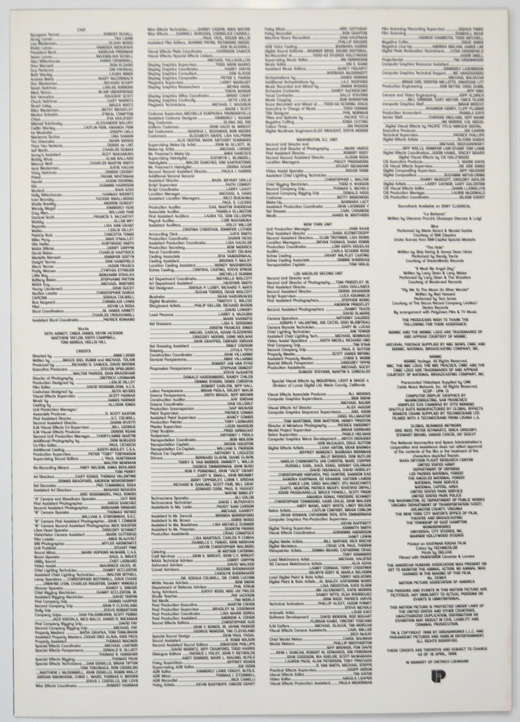 DEEP IMPACT Cinema Exhibitors Press Synopsis Credits Booklet - BACK