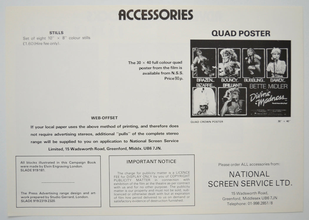 DIVINE MADNESS Cinema Exhibitors Campaign Pressbook - BACK