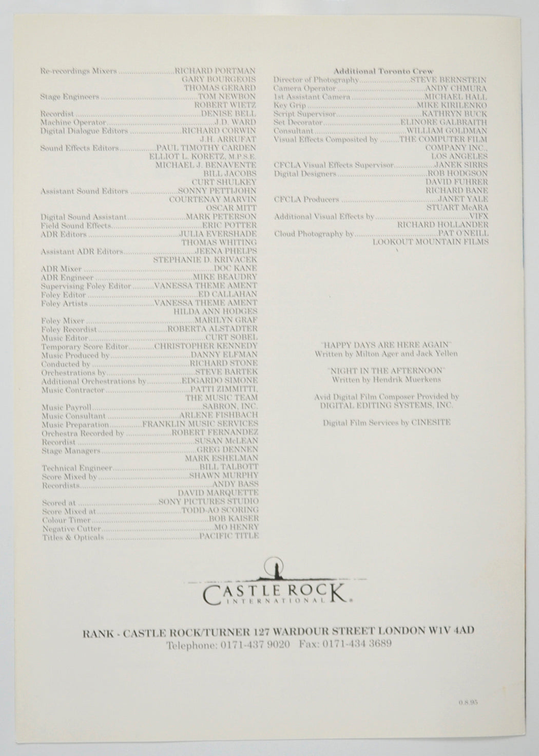 DOLORES CLAIBORNE Cinema Exhibitors Press Synopsis Credits Booklet - BACK