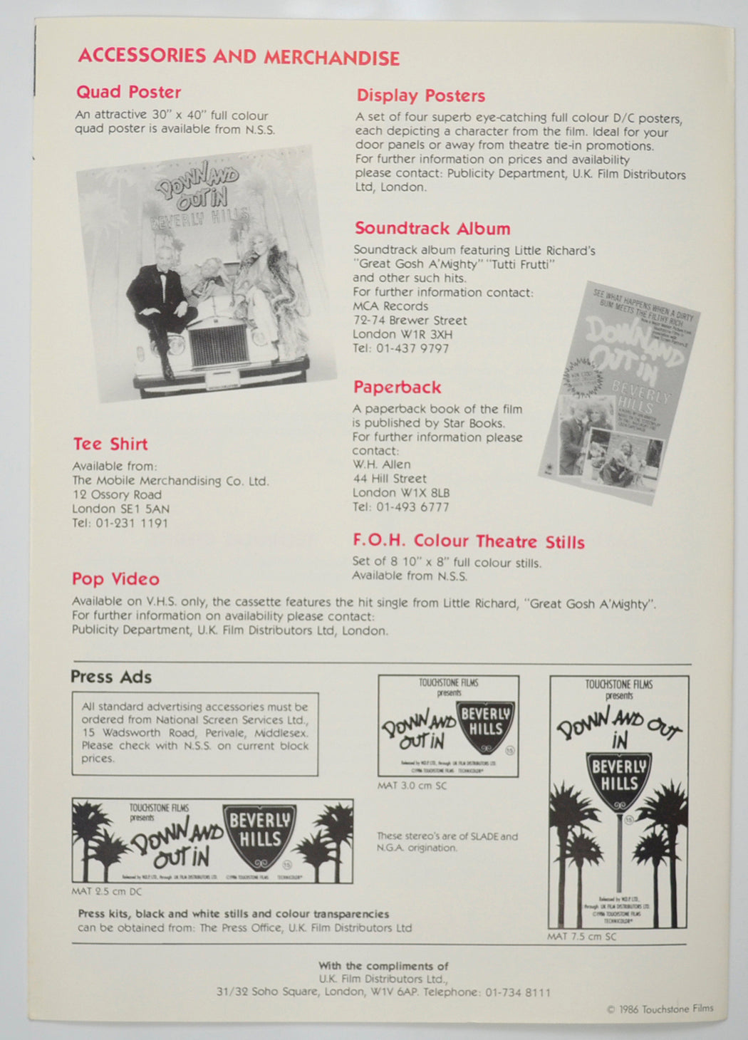 DOWN AND OUT IN BEVERLY HILLS Cinema Exhibitors Campaign Pressbook - BACK