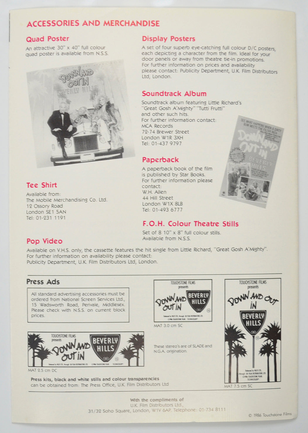 DOWN AND OUT IN BEVERLY HILLS Cinema Exhibitors Campaign Pressbook - BACK