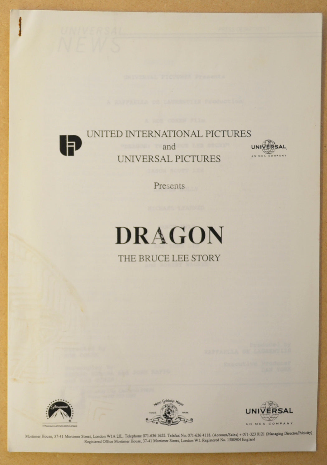 DRAGON : THE BRUCE LEE STORY Original Cinema Press Kit – Production Info