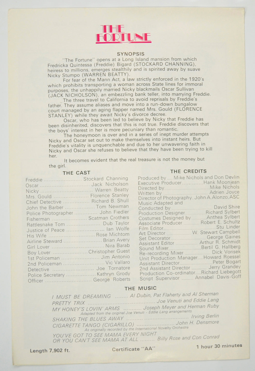 THE FORTUNE Cinema Exhibitors Campaign Pressbook - BACK