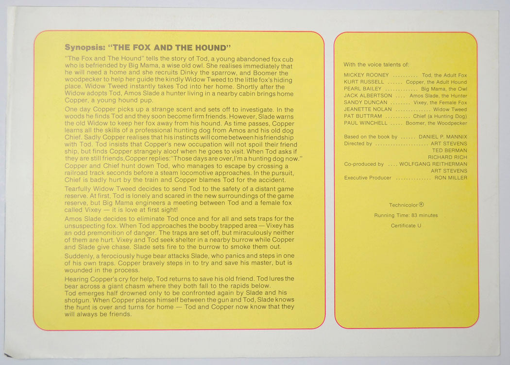 THE FOX AND THE HOUND Cinema Exhibitors Synopsis Credits Booklet - BACK