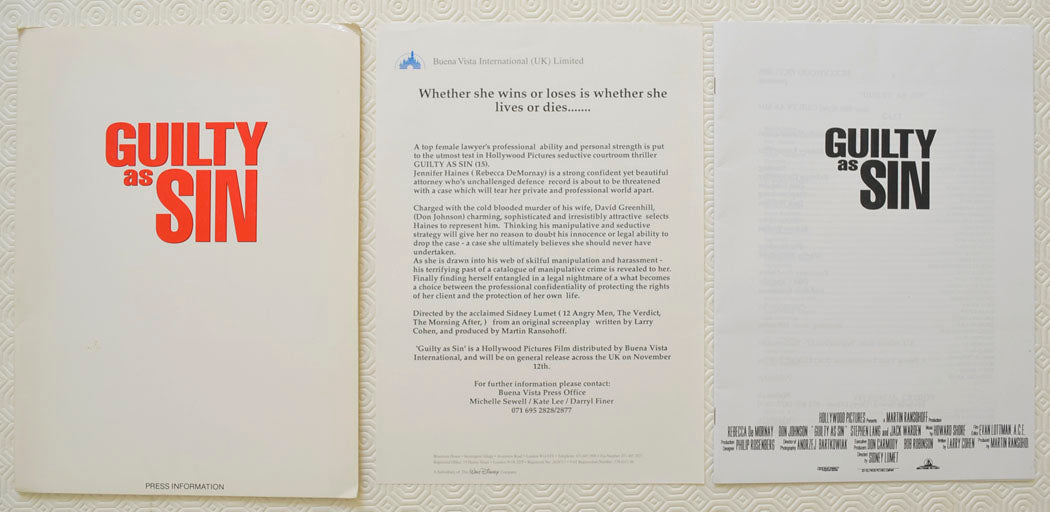 GUILTY AS SIN Original Cinema Press Kit