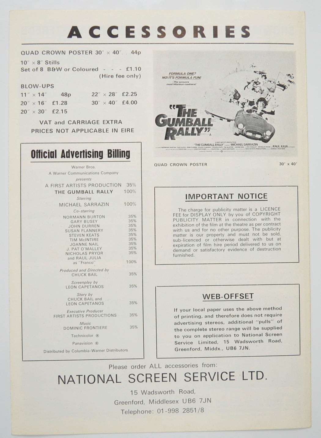 THE GUMBALL RALLY Cinema Exhibitors Campaign Pressbook - BACK