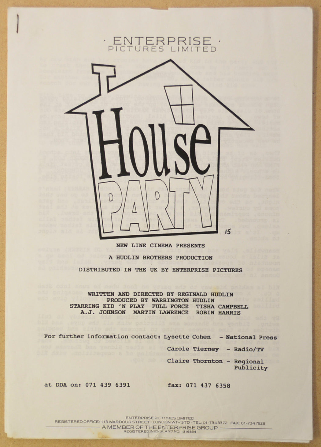 HOUSE PARTY Original Cinema Press Kit – Production Info