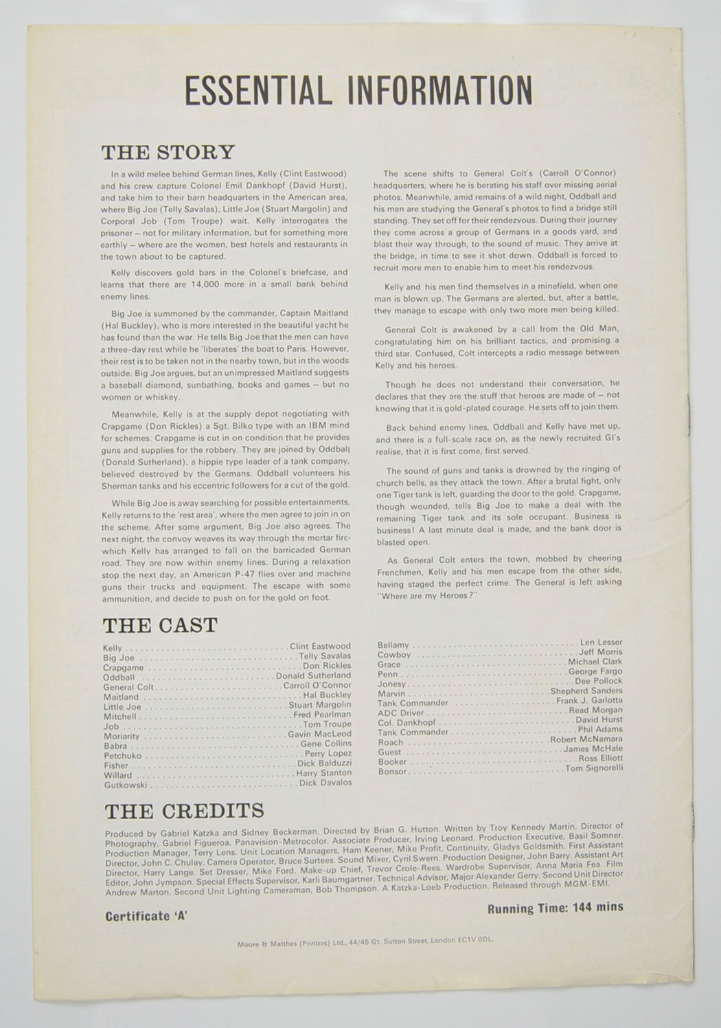 KELLY’S HEROES Cinema Exhibitors Campaign Pressbook - BACK