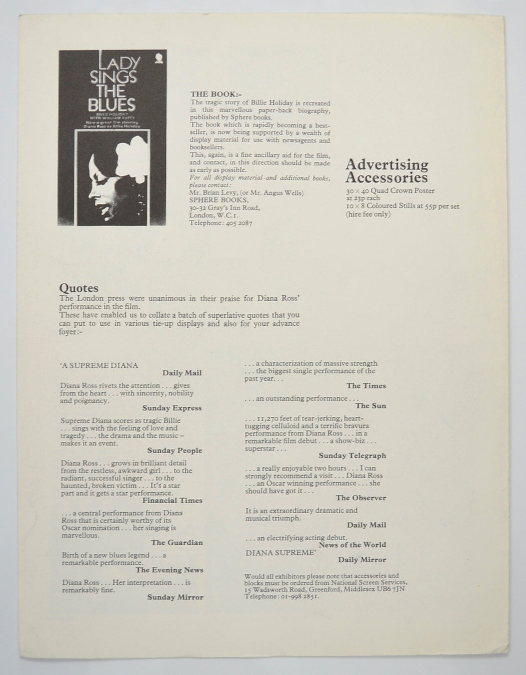 LADY SINGS THE BLUES Cinema Exhibitors Campaign Pressbook - BACK
