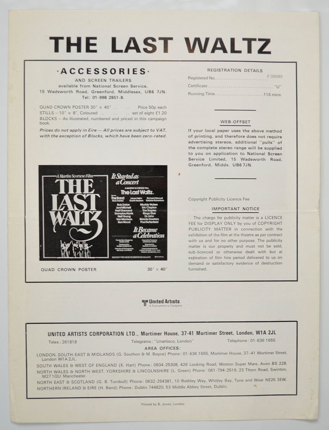 THE LAST WALTZ Cinema Exhibitors Campaign Pressbook - BACK