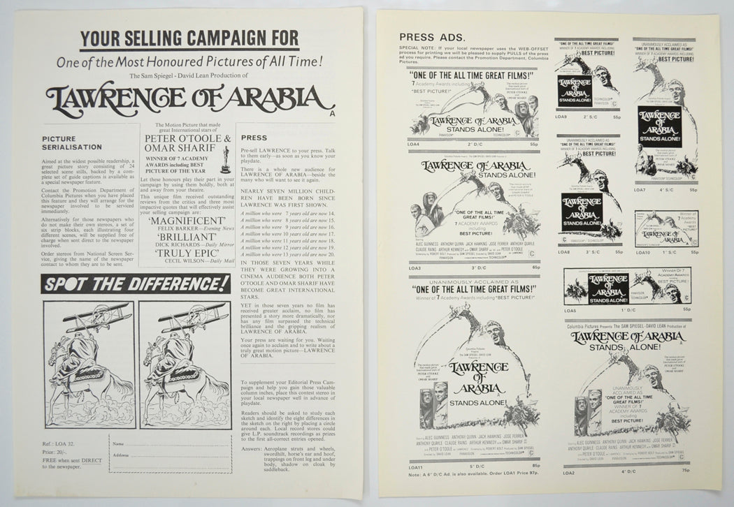 LAWRENCE OF ARABIA Cinema Exhibitors Campaign Pressbook – LOOSE SHEETS