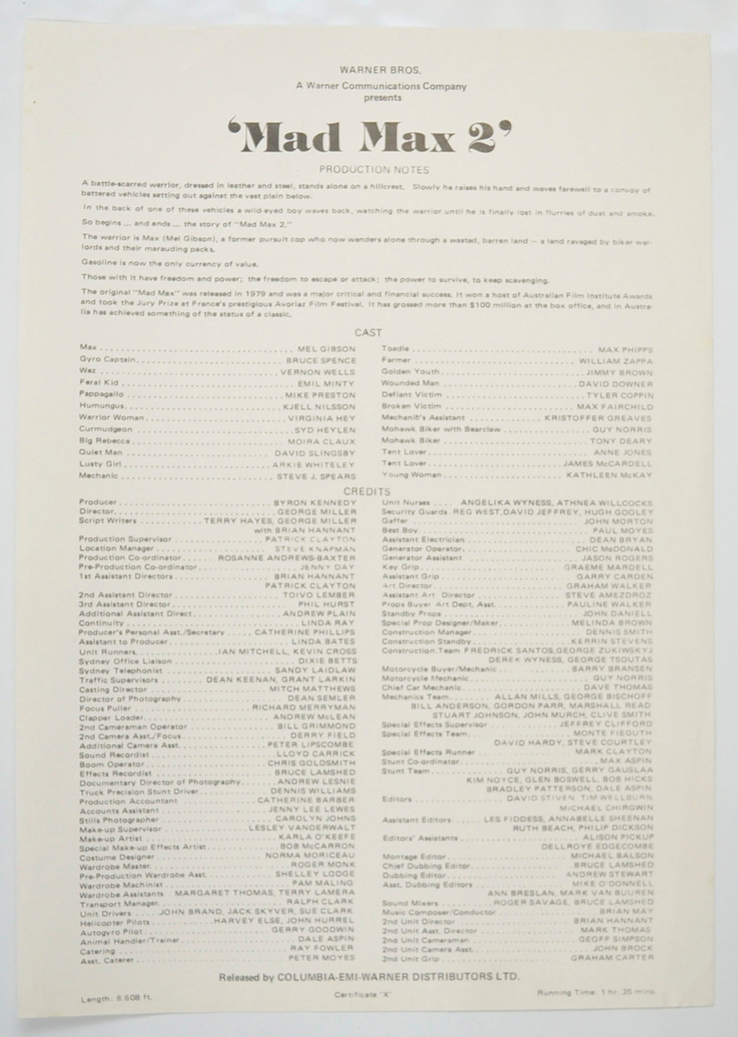 MAD MAX 2 Cinema Exhibitors Campaign Pressbook - SYNOPSIS