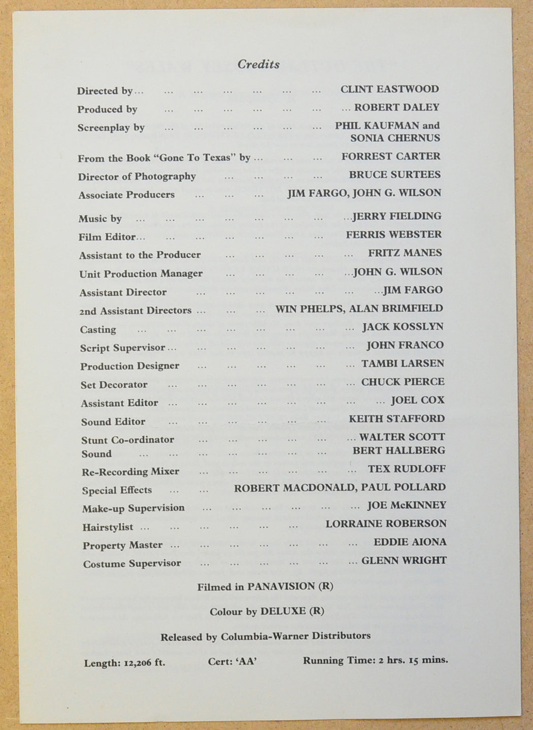 THE OUTLAW JOSEY WALES Cinema Press Synopsis - INSIDE