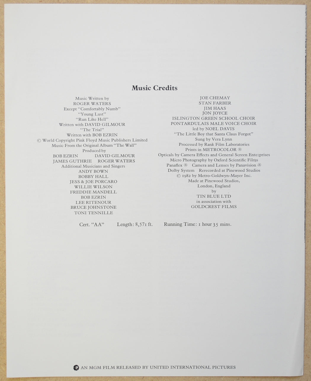 PINK FLOYD : THE WALL Cinema Exhibitors Synopsis Credits Booklet - INSIDE