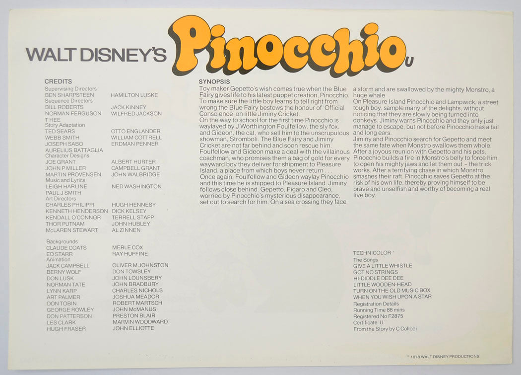 PINOCCHIO Cinema Exhibitors Synopsis Credits Sheet - BACK
