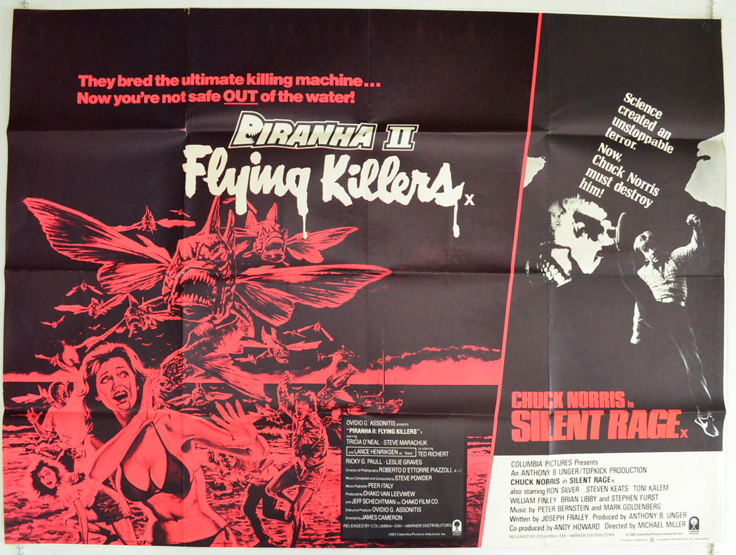Piranha II : Flying Killers / Silent Rage (Double Bill) Original British Quad Poster - Film Poster - Movie Poster