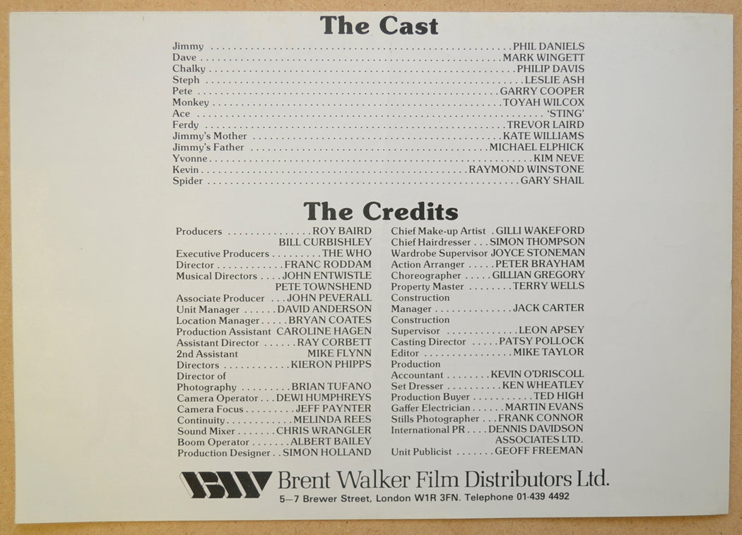 QUADROPHENIA Cinema Exhibitors Synopsis Credits Booklet - INSIDE