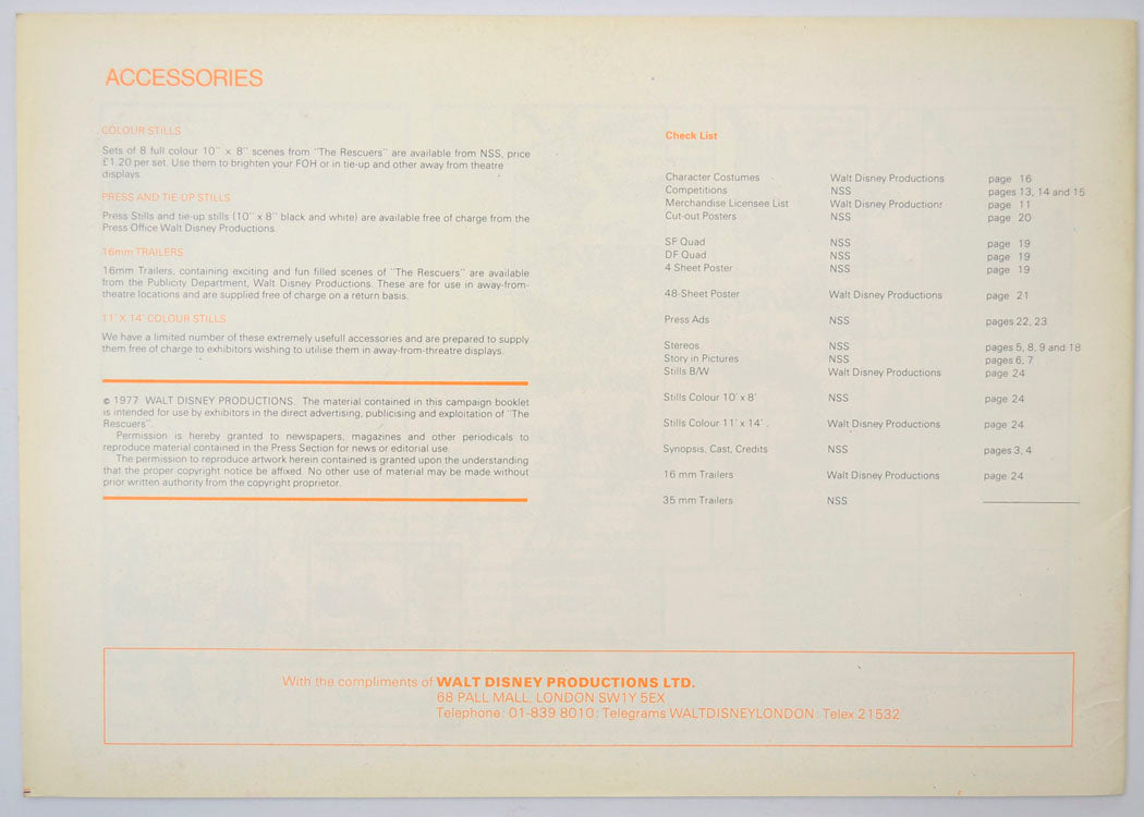 THE RESCUERS Cinema Exhibitors Campaign Press Book - BACK