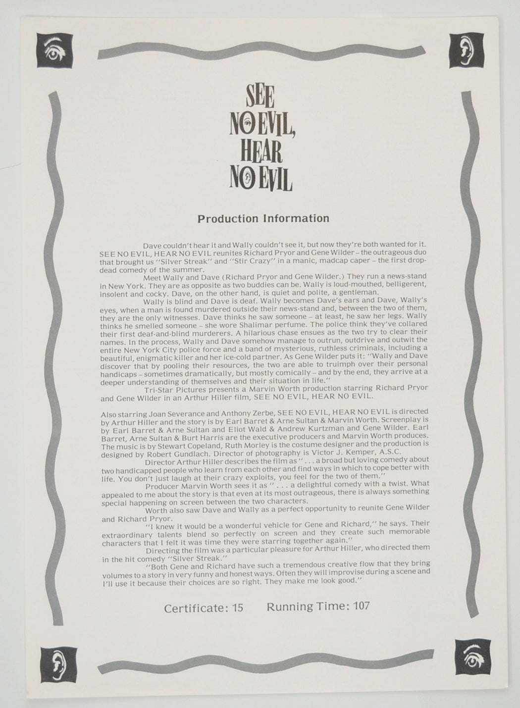 SEE NO EVIL, HEAR NO EVIL Cinema Exhibitors Campaign Pressbook - SYNOPSIS