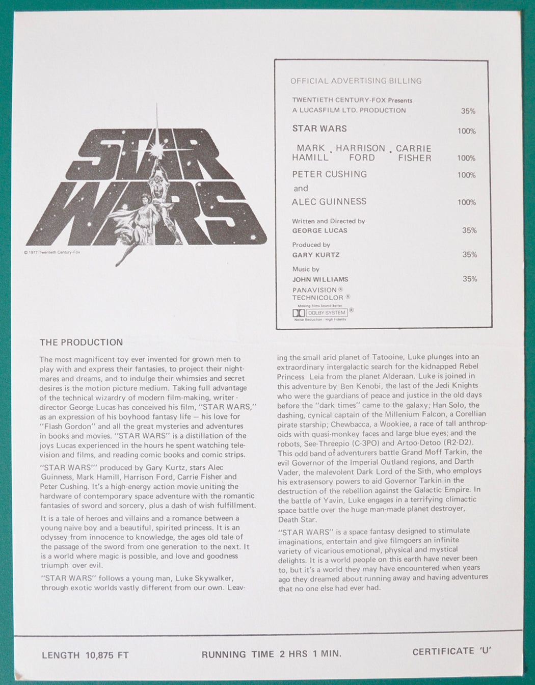 STAR WARS – Cinema Exhibitors Synopsis / Credits Card – Sheet