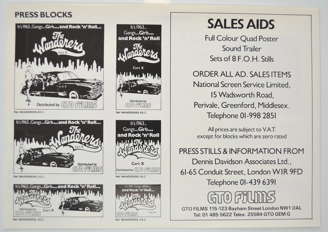 THE WANDERERS Cinema Exhibitors Campaign Pressbook - BACK