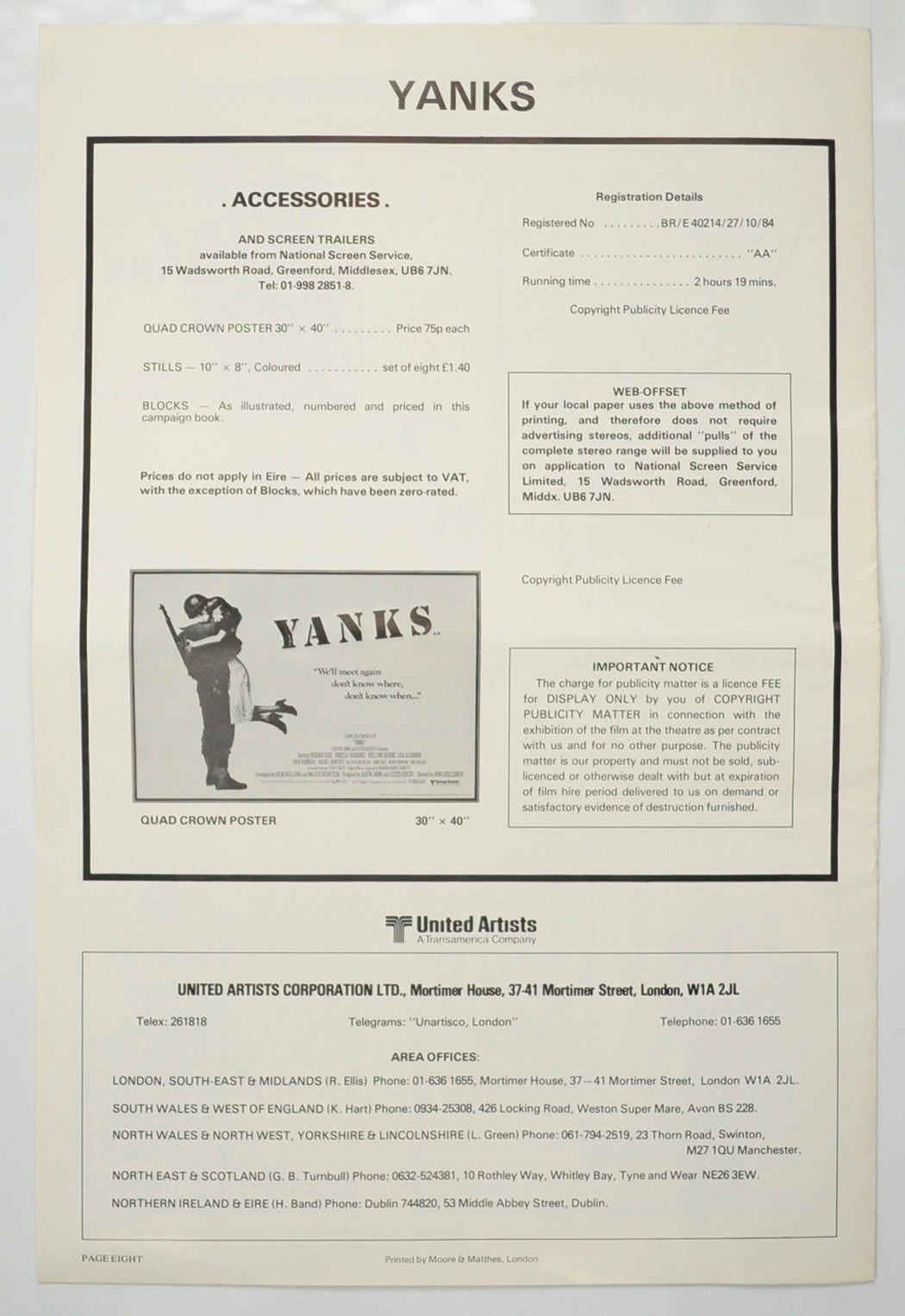 YANKS Cinema Exhibitors Campaign Pressbook - BACK