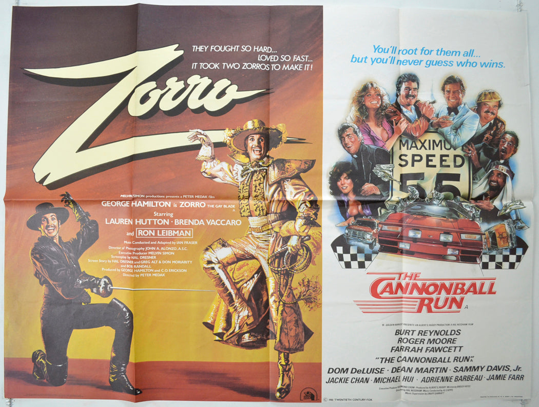 Zorro / The Cannonball Run (Double Bill) Original Quad Poster - Film Poster - Movie Poster